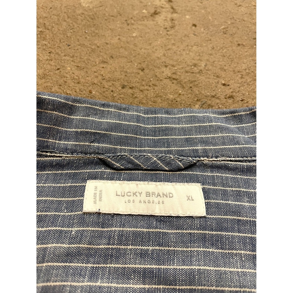 Lucky Brand Shirt Mens XL Blue Striped Linen Short Sleeve Camp Collar Casual - Picture 7 of 16